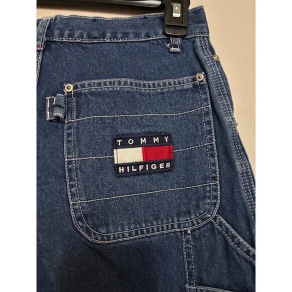 Vintage 90s Tommy Hilfiger Carpenter Jeans Wide Leg Utility Y2K Spell Out Med - Picture 6 of 8